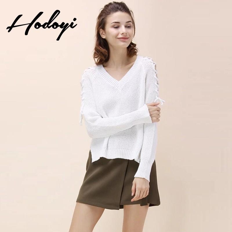 Hochzeit - Vogue Sexy Sweet Split Hollow Out V-neck One Color Fall Tie 9/10 Sleeves Sweater - Bonny YZOZO Boutique Store