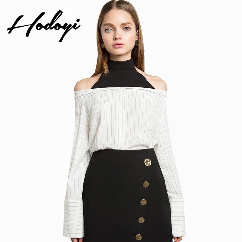 Wedding - Must-have Vogue Sexy Split Front Off-the-Shoulder High Neck Summer 9/10 Sleeves Stripped Blouse - Bonny YZOZO Boutique Store