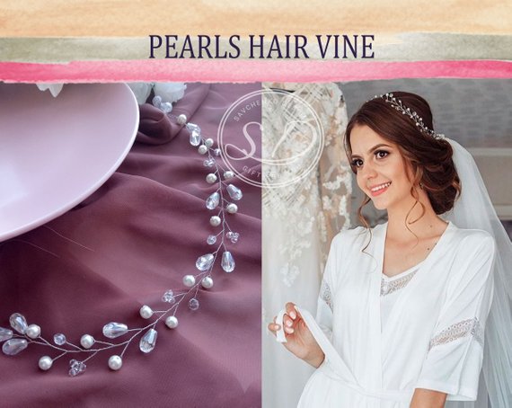 Mariage - Crystal Pearl Hair Vine Wedding tiara bridal headpiece Babys breath hair piece Rose gold hair vine crystal bridal headband delicate