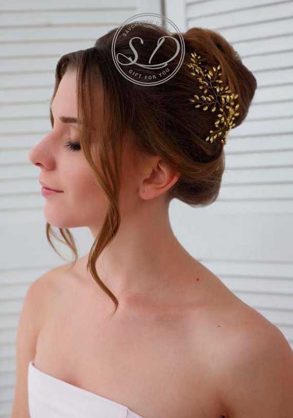 Hochzeit - Gold bridal Hair Vine Brass Bridal Headpiece Head Jewelry for Brides Bridal pearl spray Wedding Hair Vine gold headpiece small hair piece