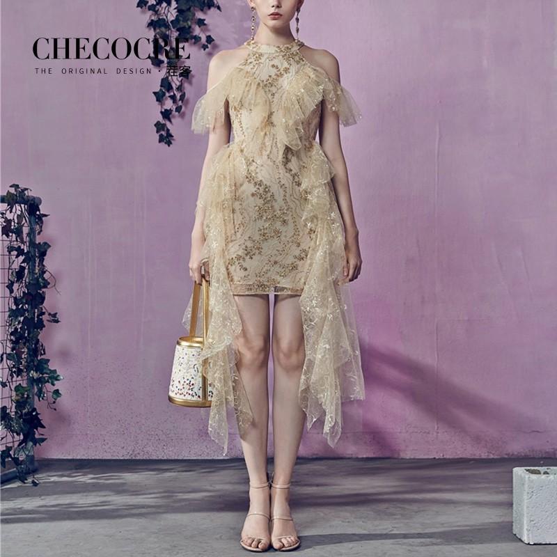 زفاف - Split Front Embroidery Slimming Halter Off-the-Shoulder High Waisted Frilled Lace Dress Skirt - Bonny YZOZO Boutique Store