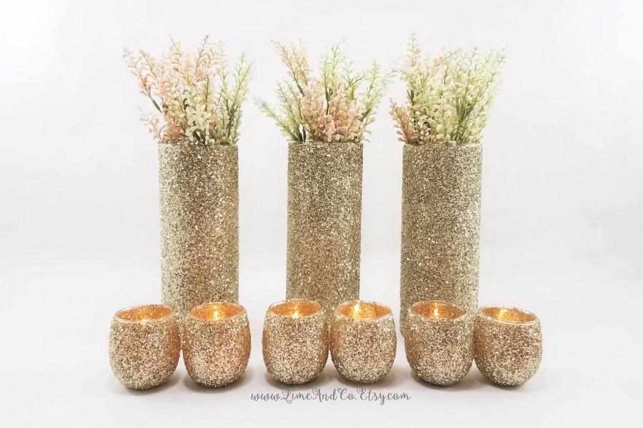 Mariage - Set of 3 Vases AND 6 Votive Candler Holders, Wedding Centerpiece, Engagement Party Decor, Champagne Wedding, Bridal Shower Decor, Tall Vases