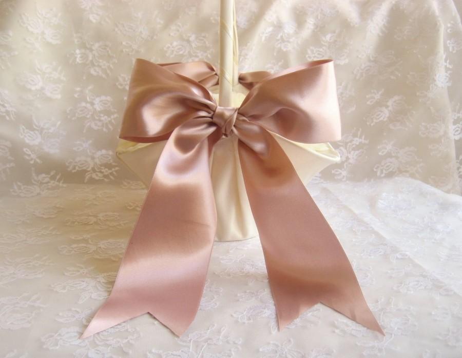 Свадьба - NEXT DAY SHIPPING! Flower Girl Basket Large Bow Rose Gold Ribbon Extra Large Hurricane Basket Ivory or White Basket choice of ribbon colors