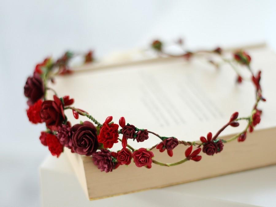 Wedding - Burgundy Flower Crown, Red Flower Crown for Photoshoot, Burgundy Bridesmaid Flower Crown, Marsala Floral Bridal Headpiece, Bohemian Headband