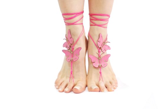 Wedding - Pink butterfly barefoot sandals, Genuine leather butterfly barefoot sandles, Bohemian shoes, Leg Jewelry, Foot Thongs