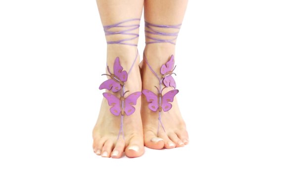 زفاف - Unique Gifts, Personalized Wedding Gift, Lilac butterfly barefoot sandal, yoga belly dance, foot thongs, gift for her, best friend gift