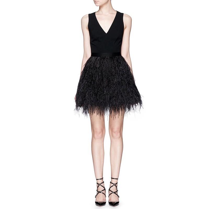 زفاف - 2017 summer dress new style V-neck splicing feather dress women slim fit black dress A-line skirt - Bonny YZOZO Boutique Store