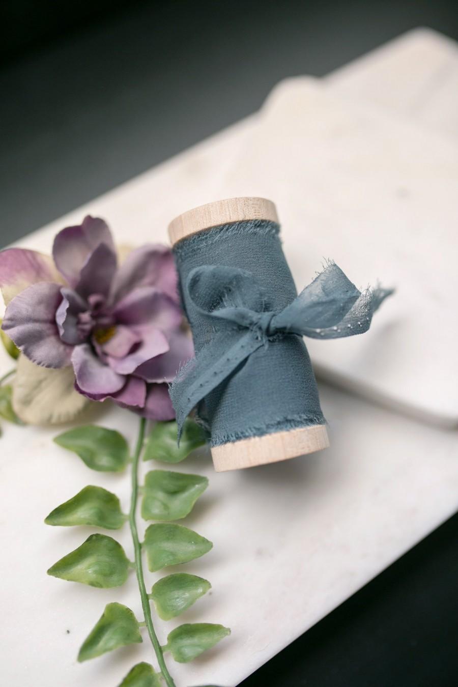 Wedding - Dusty Blue Silk Ribbon; 100% Silk; Hand ripped; grey blue Wedding bridal bouquet, invitations, favors, wedding photography styling