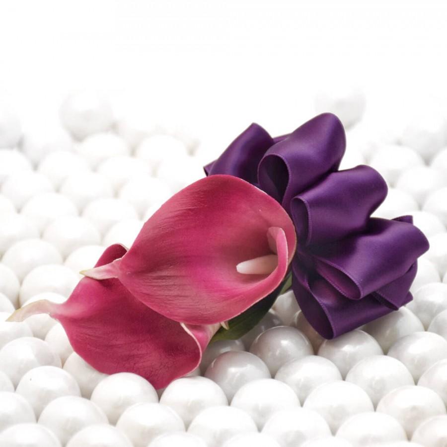 زفاف - Dark Pink Fuchsia Calla Corsage - Real Touch Calla Lilies with a Satin Wrist band - Select Ribbon and Pin Colors-Weddings and Proms