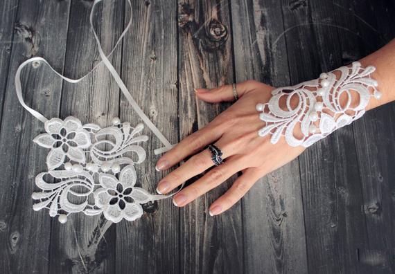 Wedding - White bridal handlet wrist cuff, lace charm evening fingerless glove pearl beads fancy, bridal cuff, rustic wedding bridesmaids gift