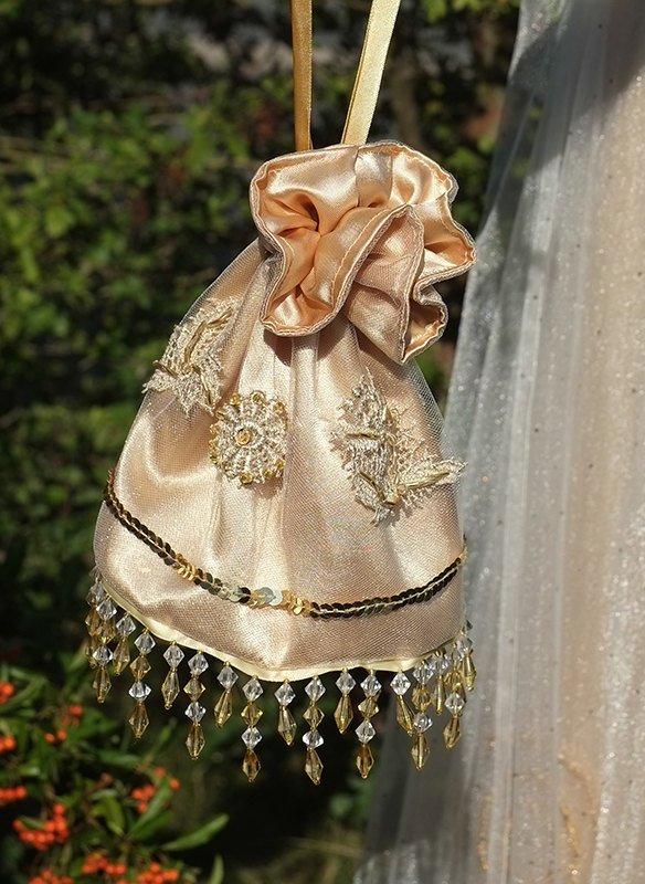 Hochzeit - Golden Edwardian bag handmade, Regency drawstring bag, Edwardian purse Regency purse, Jane Austen, beaded wedding purse, reticule