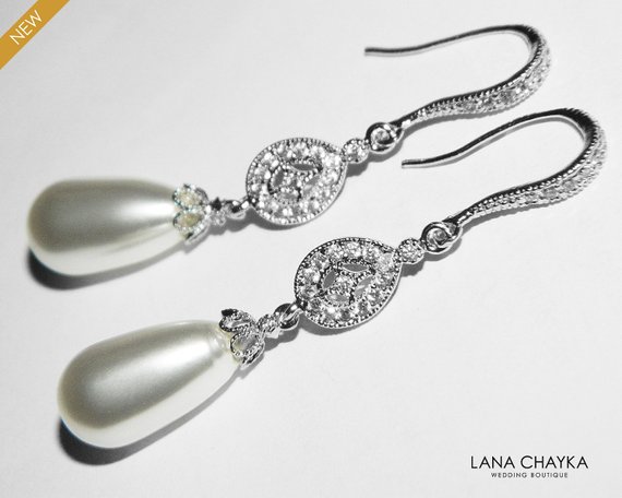 Mariage - White Teardrop Pearl Chandelier Earrings, Swarovski Pearl Dangle Wedding Earrings, Pearl Wedding Earrings, White Pearl Silver CZ Earrings