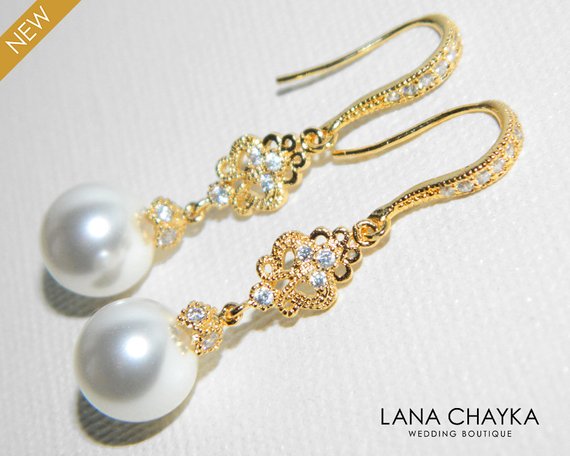 Hochzeit - Pearl Bridal Earrings, Swarovski White Pearl Gold Earrings, Pearl Chandelier Earrings, Wedding Pearl Dangle Earrings, Bridal Pearl Jewelry
