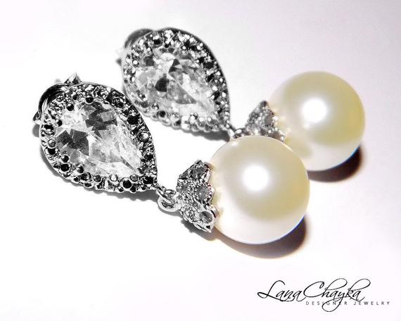 Hochzeit - Pearl Bridal Earrings Swarovski 10mm Ivory Pearl Drop CZ Earrings Wedding Pearl Earrings Cubic Zirconia Pearl Earrings Bridal Pearl Jewelry