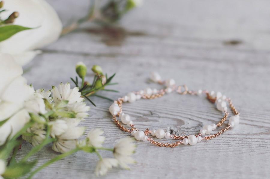 زفاف - Rose gold bridal bracelet, freshwater pearl bracelet, rose gold jewelry, bridal jewellery, layered bracelet, double layer, simple, matching