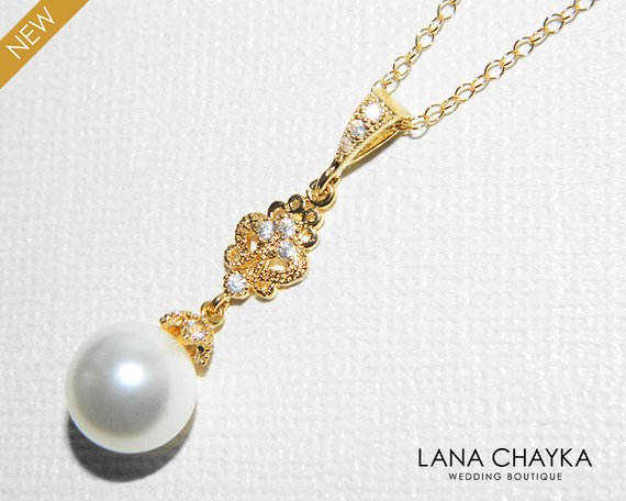 Mariage - Pearl Bridal Necklace, Wedding Pearl Gold Necklace, Swarovski White Pearl Bridal Necklace, Pearl Gold Necklace, Bridal Pearl Gold Jewelry