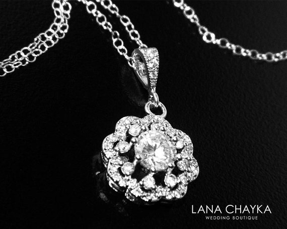 Wedding - Cubic Zirconia Bridal Necklace, Crystal Silver Necklace, Wedding CZ Floral Charm Necklace, Bridal CZ Jewelry, Clear Cubic Zirconia Pendant