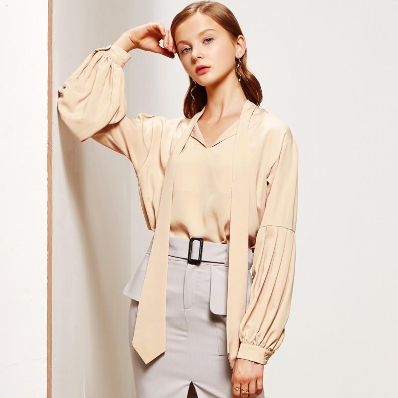 زفاف - Elegant autumn new retro Ribbon lace pleated Lantern sleeve loose shirt women long sleeves blouse 8024 - Bonny YZOZO Boutique Store