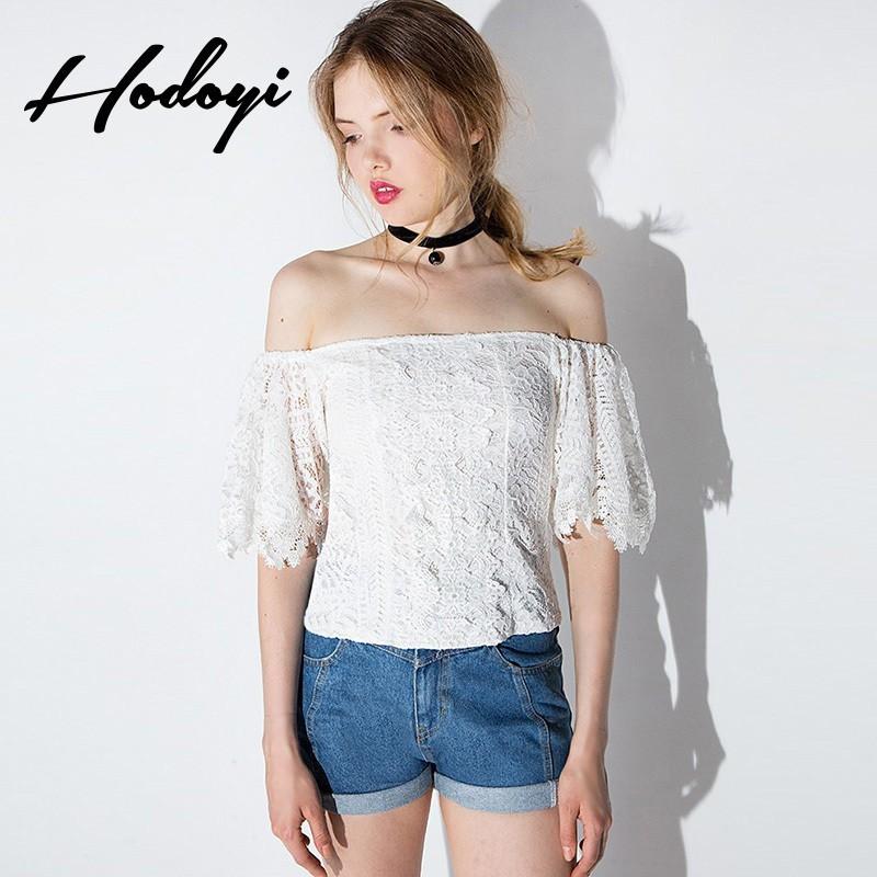 Wedding - Vogue Sexy Sweet Hollow Out Crochet Bateau Off-the-Shoulder Summer Short Sleeves Top Lace Top Basics - Bonny YZOZO Boutique Store