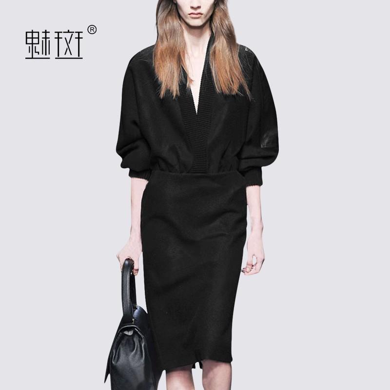 Hochzeit - Oversized Curvy V-neck 3/4 Sleeves Fall Black Mini Dress Pencil Skirt Dress - Bonny YZOZO Boutique Store