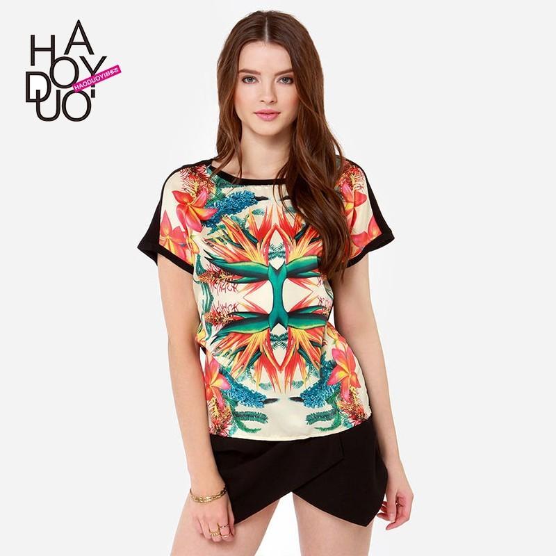 Mariage - Changing tropical birds digital image printing back hibiscus mosaic knitting short sleeve t-shirt - Bonny YZOZO Boutique Store