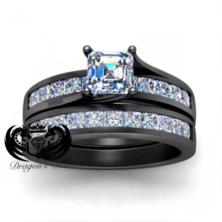 زفاف - Disney’s Nightmare Before Christmas Jack Skellington Inspired White Swarovski Diamond Black Gold Engagement Set
