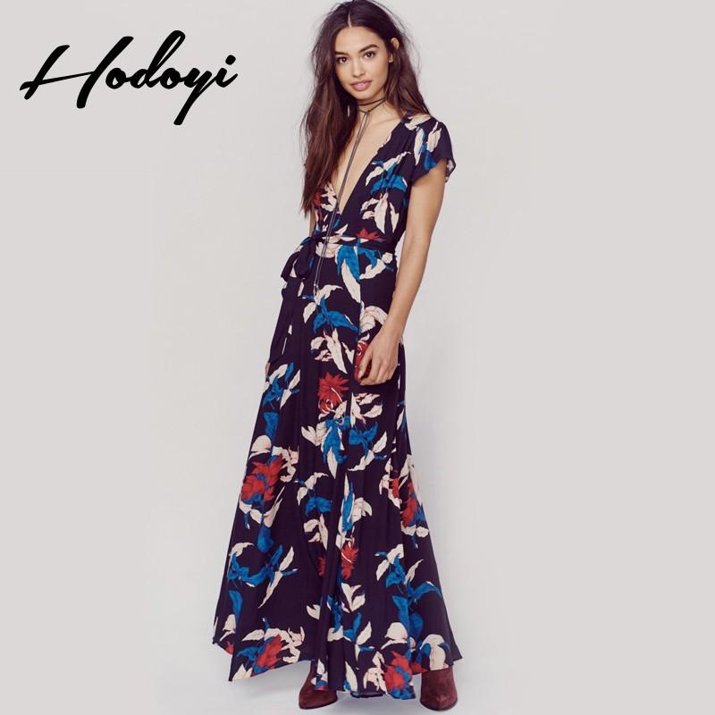 زفاف - New sexy summer dress v-neck printed high waist dress long dress short sleeve loose women - Bonny YZOZO Boutique Store