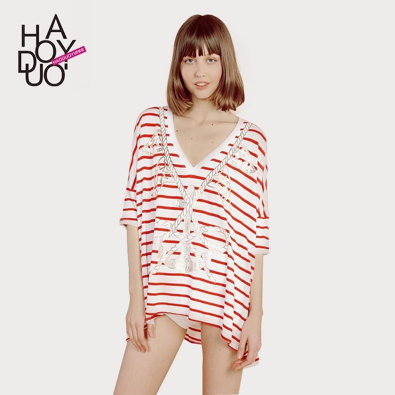 زفاف - Sweet Navy striped print v neck rope anchors loose short long sleeve t-shirt woman - Bonny YZOZO Boutique Store
