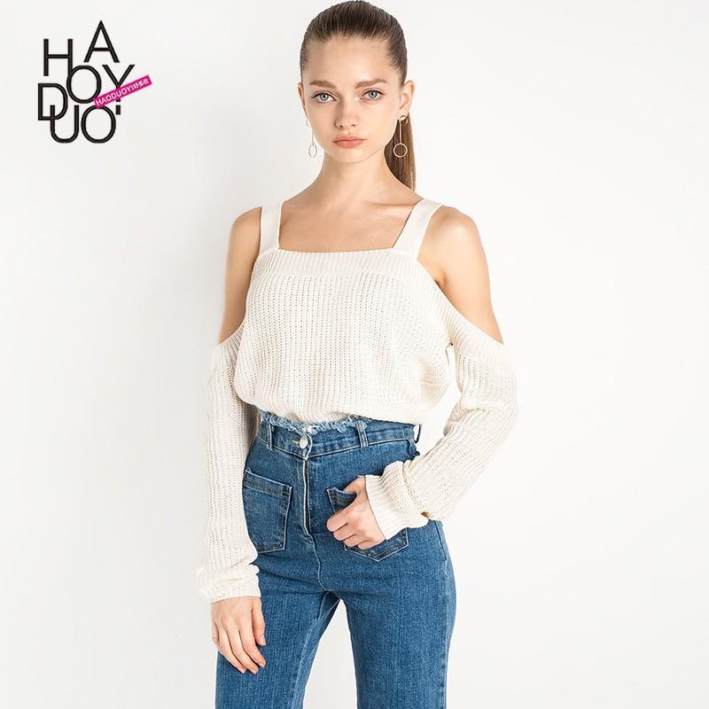 Mariage - Sexy Sweet Attractive Off-the-Shoulder Fall 9/10 Sleeves Knitted Sweater Strappy Top Sweater - Bonny YZOZO Boutique Store