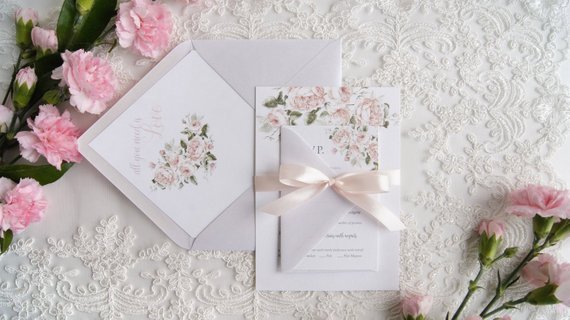 Свадьба - Blush Floral Wedding Invitation Boho Wedding Spring Romance Wedding invitation Peach Wedding Invitation Champagne Watercolor Peony Invite