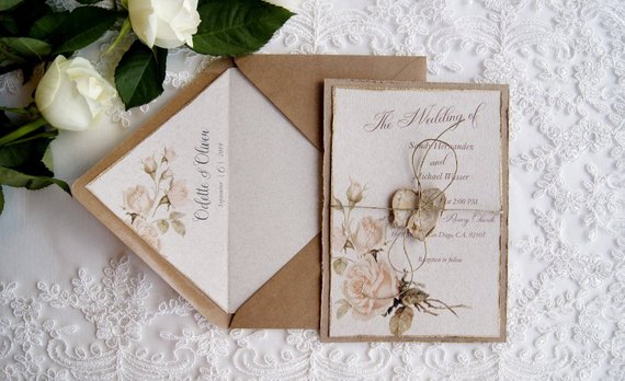 Wedding - Elegant Wedding Invitations, Golden Edges Invitation, Floral Wedding Invitations Roses Wedding Invitations, Blush Wedding Invitation Suite