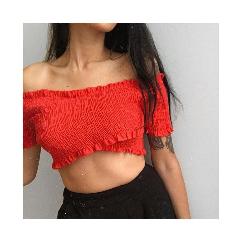 Wedding - Slimming Agaric Fold Off-the-Shoulder Crossed Straps Flexible Holiday Short Sleeves Crop Top T-shirt - Bonny YZOZO Boutique Store