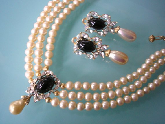 Свадьба - Vintage Attwood & Sawyer Pearl Choker And Earrings, Black Pearl Choker, Black Bridal Jewelry, Attwood and Sawyer Jewelry, Bridal Choker