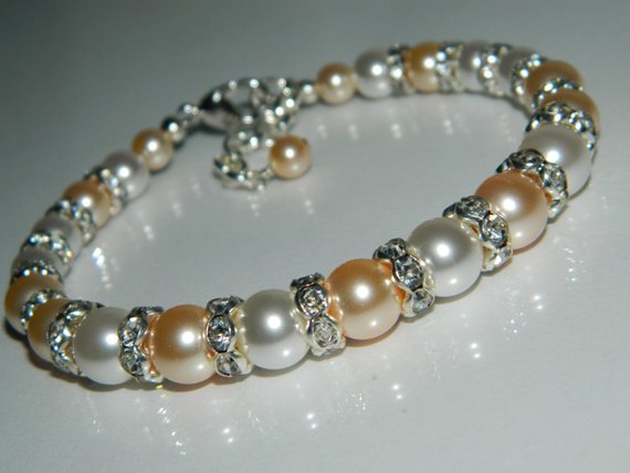 Hochzeit - Pearl Bridal Bracelet, Swarovski White Peach Pearl Bracelet, Wedding Pearl One Row Bracelet Peach White Pearl Jewelry Classic Pearl Bracelet