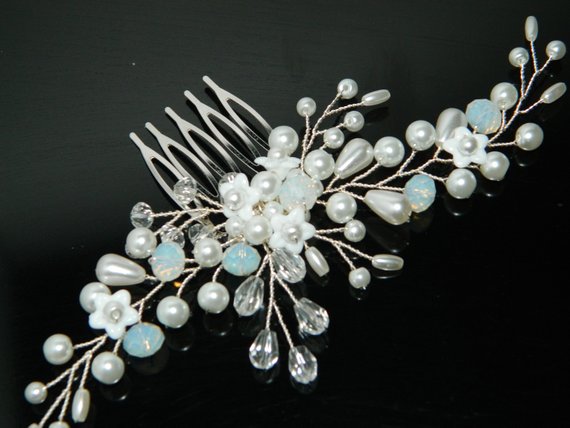 Wedding - Pearl Bridal Hair Comb, White Pearl Crystal Wedding Comb, White Blue Hairpiece, Floral Pearl Comb Bridal Headpiece, Crystal Pearl Combs