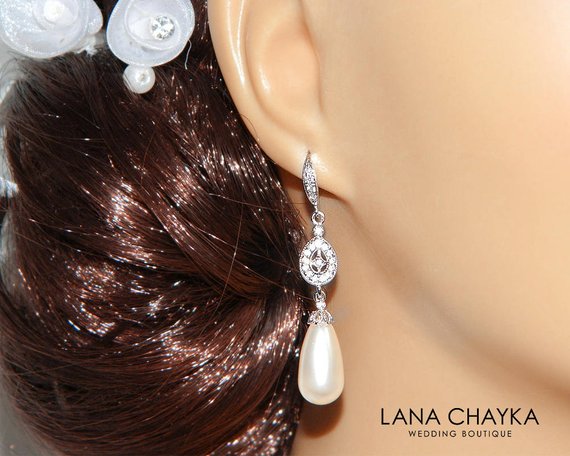 Свадьба - Bridal Pearl Chandelier Earrings Swarovski Ivory Teardrop Pearl Earrings Pearl CZ Silver Wedding Earrings Bridal Pearl Jewelry Prom Jewelry