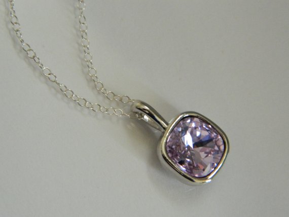Wedding - Violet Lilac Crystal Necklace, Swarovski Violet Silver Necklace, Lilac Square Necklace, Light Purple Wedding Necklace, Lilac Crystal Jewelry