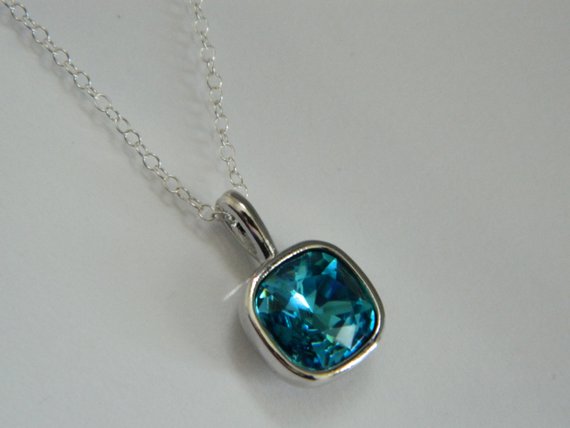 Mariage - Teal Crystal Necklace, Swarovski Indicolite Sterling Silver Chain Necklace, Wedding Teal Jewelry, Teal Pendant, Indicolite Square Necklace
