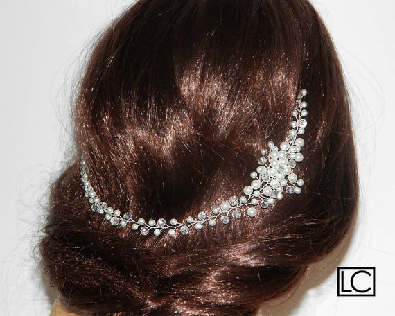 Wedding - White Pearl Crystal Bridal Hair Vine, Wedding Hair Piece, Bridal Pearl Hair Jewelry, Bridal Crystal Pearl Headpiece, Wedding Pearl Wreath