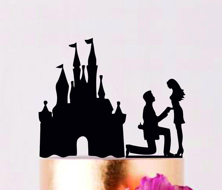 Hochzeit - Proposing at the Castle Wedding Cake Topper, Custom Wedding Topper, Bride and Groom, Cake Silhouette, Couple in Disney Castle