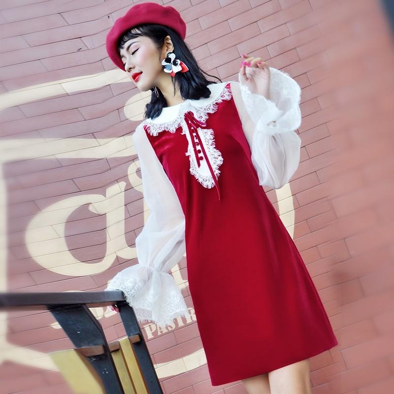 زفاف - Attractive Split Front Organza 9/10 Sleeves Velvet Red Formal Wear Dress - Bonny YZOZO Boutique Store