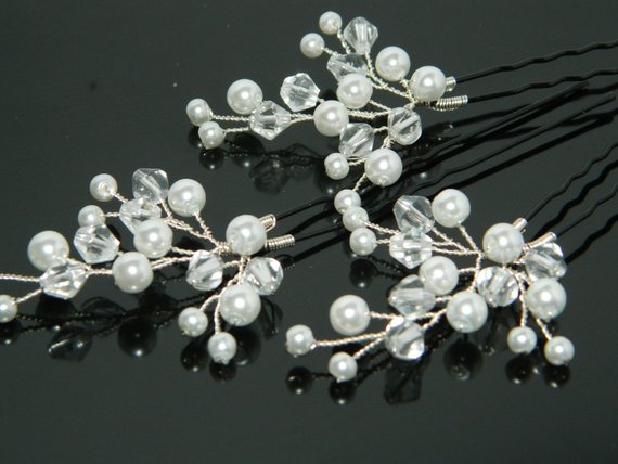 Wedding - Pearl Bridal Hair Pins, Set of 3 White Pearl Crystal Hair Pins, Bridal Hair Pieces, Wedding Hair Jewelry, Crystal Pearl Floral Hair Piece