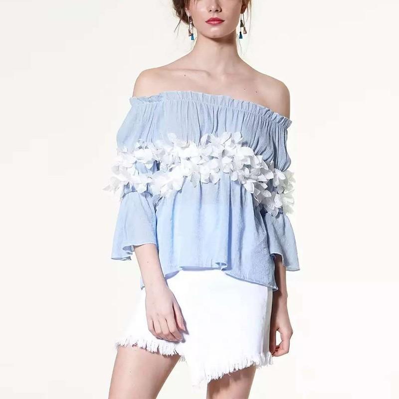 زفاف - Oversized Frilled Sleeves Off-the-Shoulder 3/4 Sleeves Summer Top Chiffon Top Basics - Bonny YZOZO Boutique Store