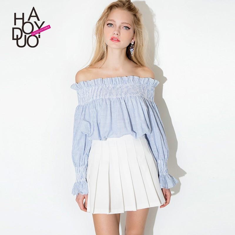 Mariage - Sweet Fresh Agaric Fold Off-the-Shoulder White Blue Stripped Blouse - Bonny YZOZO Boutique Store