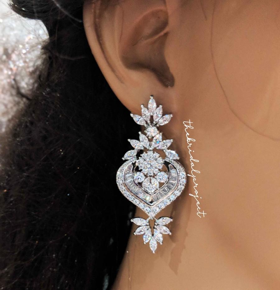 زفاف - Bridal Earrings, Earring for Brides, Wedding Earrings,Jewelry, Silver Earrings,Cubic Zirconia Earrings, Chandelier Earrings,Teardrop Earring