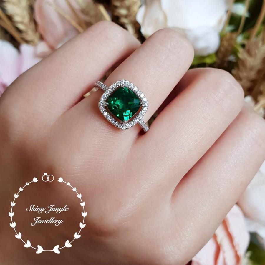 Wedding - Cushion cut halo emerald ring, emerald engagement ring, cluster ring, white gold plated sterling silver, cushion ring, square ring