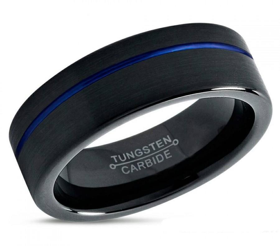 Hochzeit - Mens Wedding Band Black, Tungsten Ring Blue 7mm, Wedding Ring, Engagement Ring, Promise Ring, Rings for Men, Rings for Women, Simple Ring