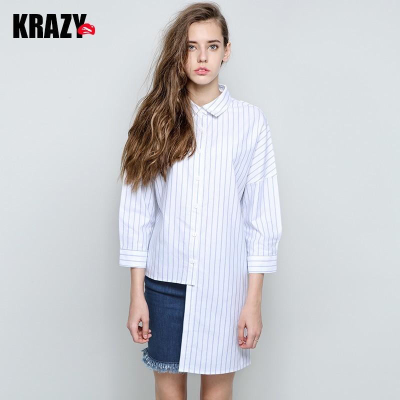 زفاف - Asymmetrical Polo Collar 3/4 Sleeves Cotton Horizontal Stripped Blouse - Bonny YZOZO Boutique Store