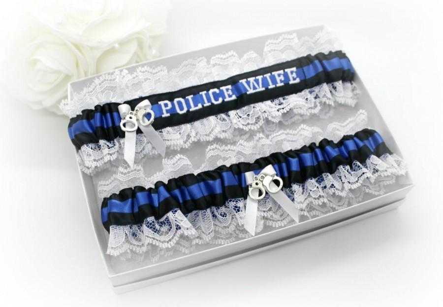 زفاف - Personalized Police Wedding Garters  - Police Wife Wedding Garters - Police Blue Line Bridal Garter Set - Something Blue Garters.