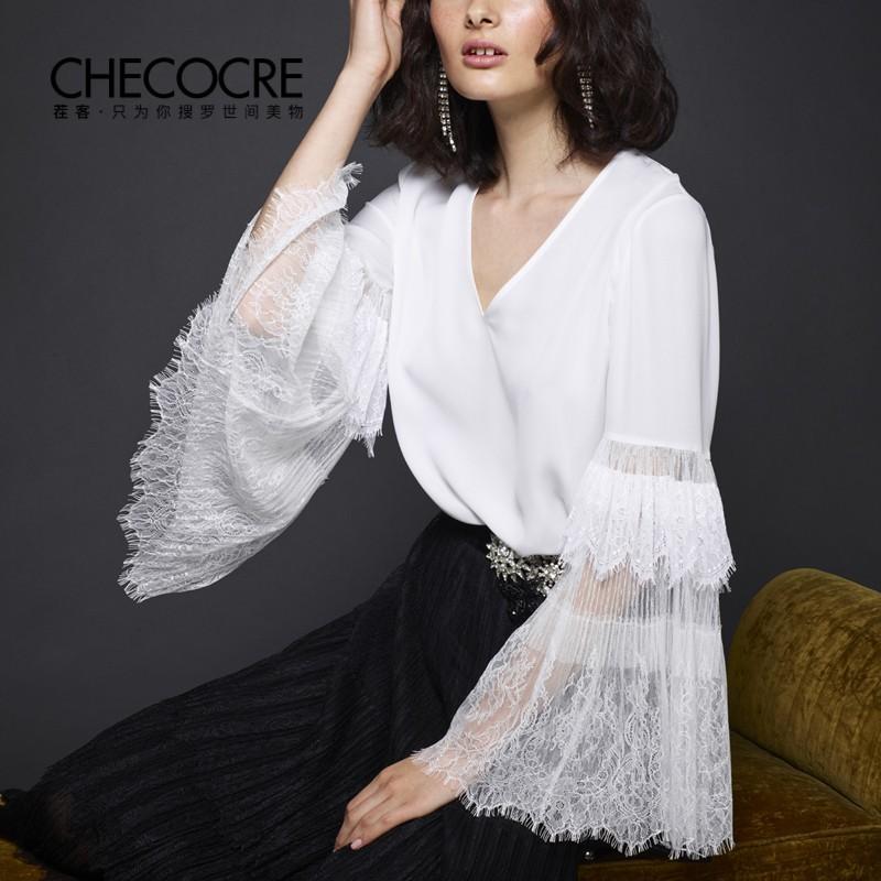Mariage - Must-have Office Wear Sexy Split Front Flare Sleeves V-neck White Frilled Top - Bonny YZOZO Boutique Store
